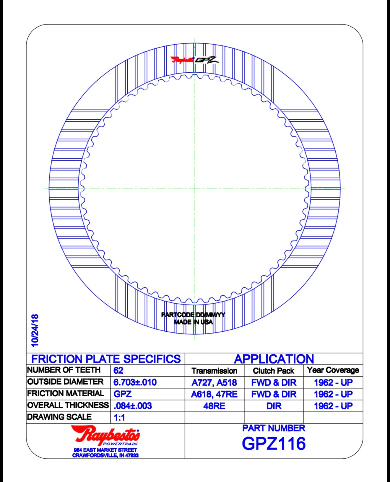 Raybestos GPZ116 - Forward & Direct (Direct only for 48re) .084”